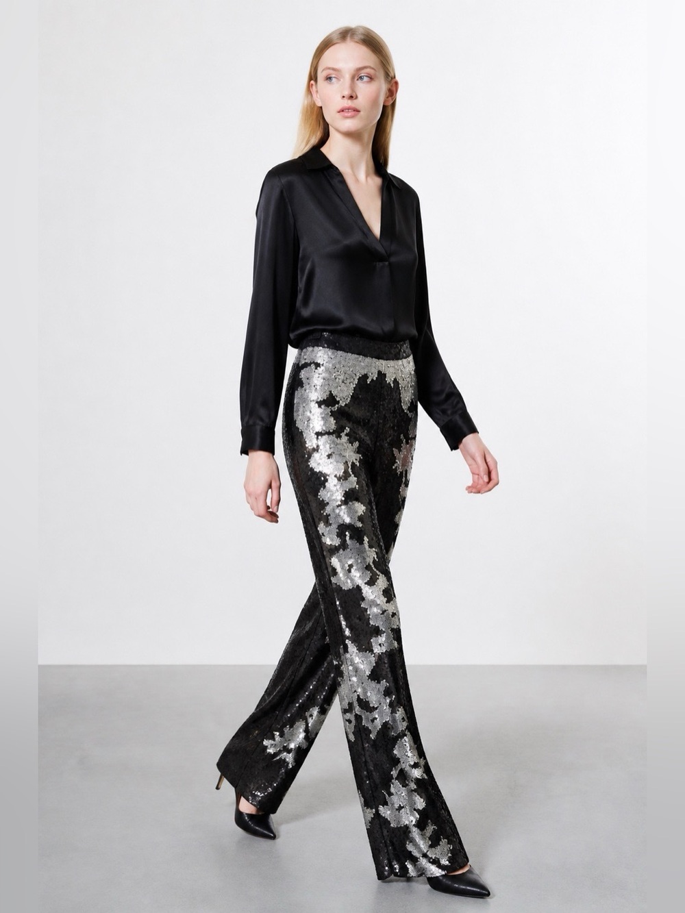 Cynthia Rowley Black Wide-Leg Sequin Pants with Silver Accents